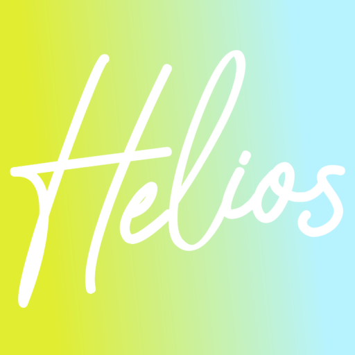 Helios handwritten on a gradient from yellow to light blue